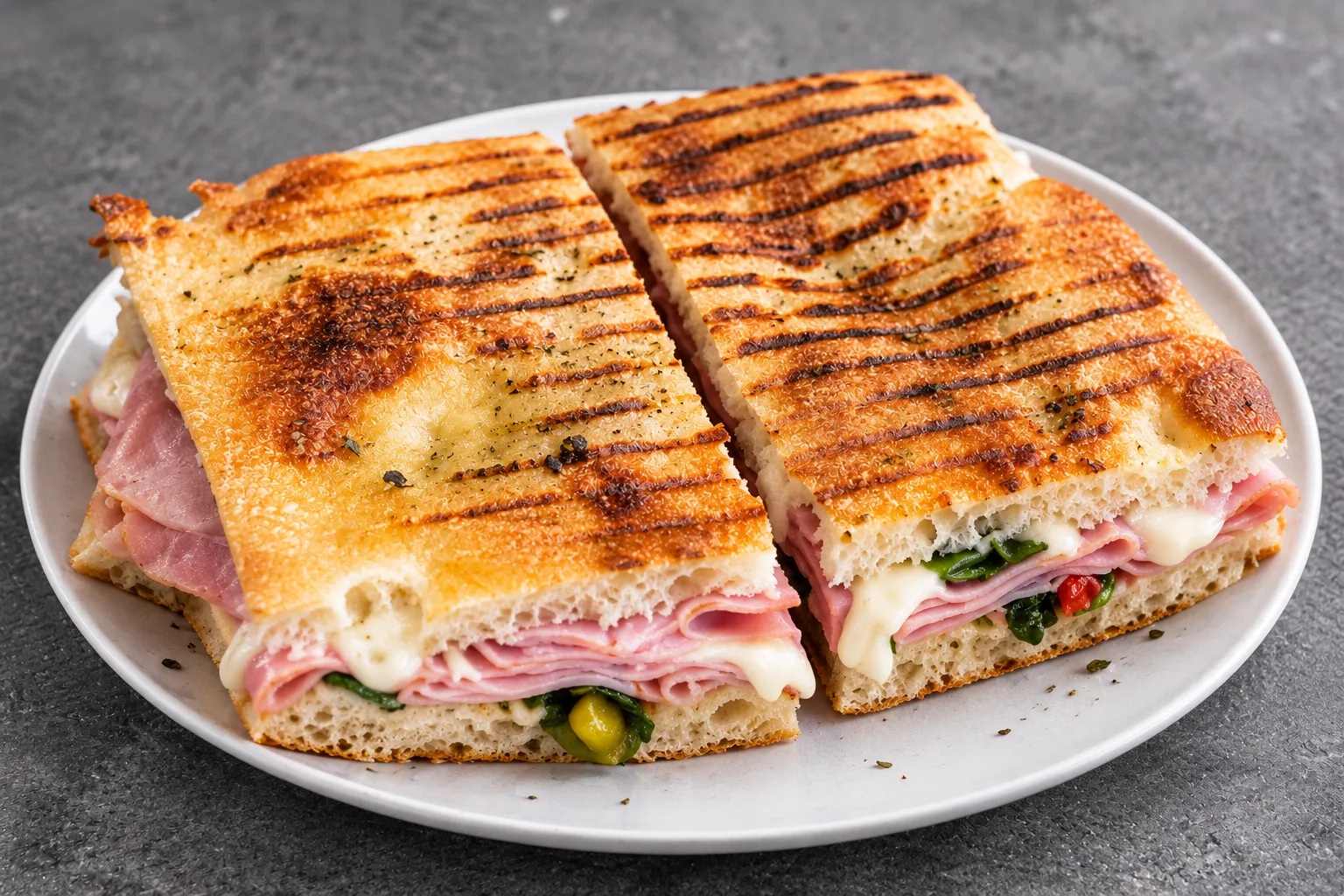 Italian focaccia sandwich made on house-baked focaccia bread at Castelli Mercato, Ancaster, Hamilton