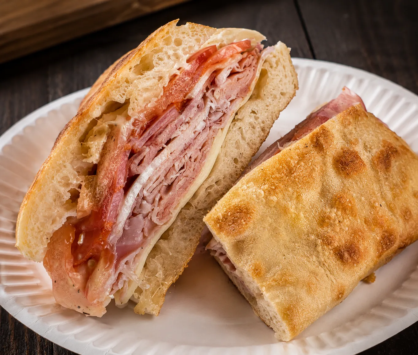 Italian SuperHero focaccia sandwich with rosemary ham, spicy capocollo and mild salami at Castelli Mercato, Ancaster, Hamilton
